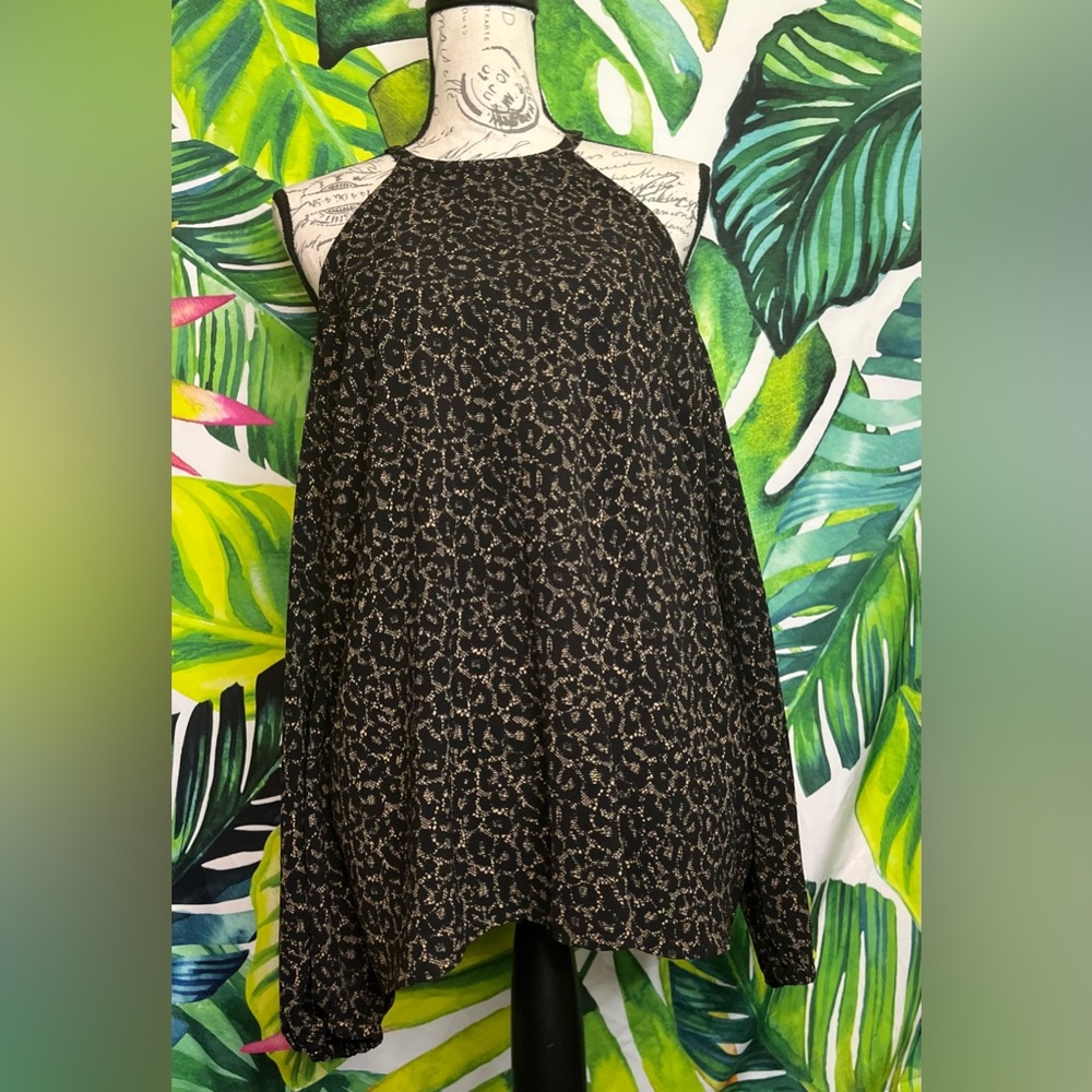 Michael by Michael Kors L Cold Shoulder Brown Black Animal Lace Print Dressy Top